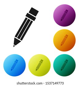 Black Pencil with eraser icon isolated on white background. Drawing and educational tools. School office symbol. Set icons colorful circle buttons. Vector Illustration