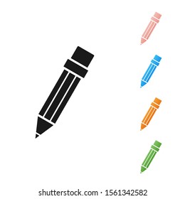 Black Pencil with eraser icon isolated on white background. Drawing and educational tools. School office symbol. Set icons colorful. Vector Illustration