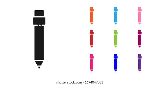 Black Pencil with eraser icon isolated on white background. Drawing and educational tools. School office symbol. Set icons colorful. Vector Illustration