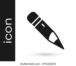 Black Pencil with eraser icon isolated on white background. Drawing and educational tools. School office symbol.  Vector