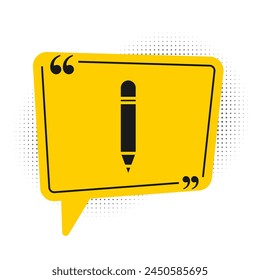 Black Pencil with eraser icon isolated on white background. Drawing and educational tools. School office symbol. Yellow speech bubble symbol. Vector Illustration