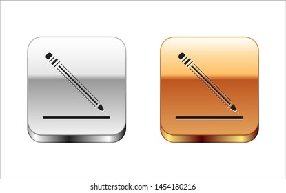 Black Pencil with eraser and line icon isolated on white background. Education sign. Drawing and educational tools. School office symbol. Silver-gold square button. Vector Illustration