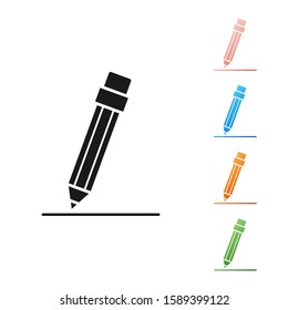 Black Pencil with eraser and line icon isolated on white background. Education sign. Drawing and educational tools. Set icons colorful. Vector Illustration