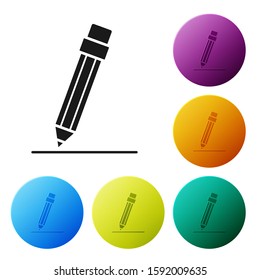 Black Pencil with eraser and line icon isolated on white background. Education sign. Drawing and educational tools. Set icons colorful circle buttons. Vector Illustration