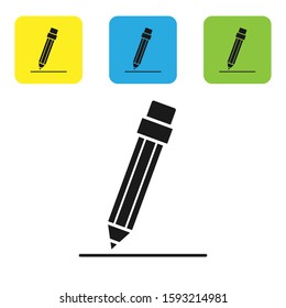 Black Pencil with eraser and line icon isolated on white background. Education sign. Drawing and educational tools. Set icons colorful square buttons. Vector Illustration