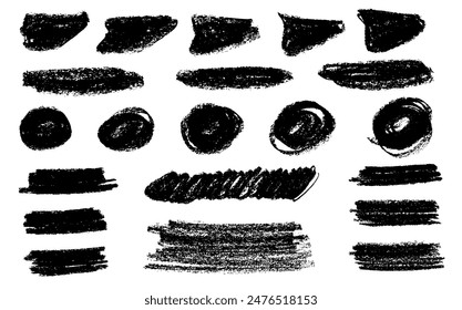 Black pencil hand drawn curly lines and squiggles, wide strokes, circles. Scribble strokes vector set. Hand drawn marker scribbles, trendy pencil sketches, drawings.  