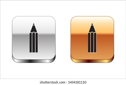 Black Pencil icon isolated on white background. Education sign. Drawing and educational tools. School office symbol. Silver-gold square button. Vector Illustration