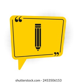 Black Pencil icon isolated on white background. Drawing and educational tools. School office symbol. Yellow speech bubble symbol. Vector