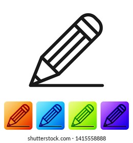 Black Pencil and line icon isolated on white background. Education sign. Drawing and educational tools. School office symbol. Set icon in color square buttons. Vector Illustration