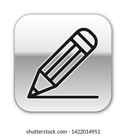 Black Pencil and line icon isolated on white background. Education sign. Drawing and educational tools. School office symbol. Silver square button. Vector Illustration