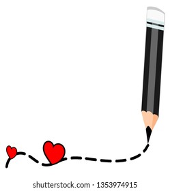 Black pencil, patch lines, heart shape, illustration, cartoon, vector, tools and stories, save information, modern and outdated concept, change time For students and love health science