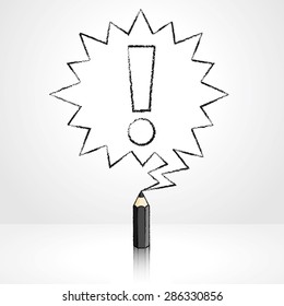 Black Pencil with Reflection Drawing Exclamation Mark in Pointed Starburst Speech Bubble on Pale Grey Background