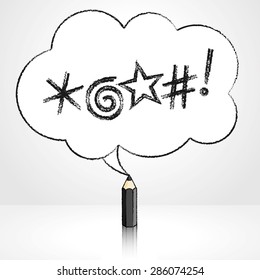 Black Pencil with Reflection Drawing Swearing Icons in Fluffy Cloud Shaped Speech Bubble on Grey Background