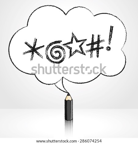 Black Pencil with Reflection Drawing Swearing Icons in Fluffy Cloud Shaped Speech Bubble on Grey Background