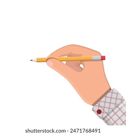 Black pencil with rubber eraser in hand. Stationery. Office supply. Vector illustration, flat style pencil