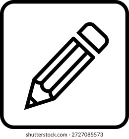Black pencil with sharpened tip and eraser within a rounded square frame writing education