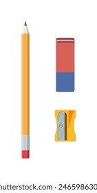 Black pencil, sharpener and eraser. Stationery set. Office supply. Vector illustration, flat style pencil