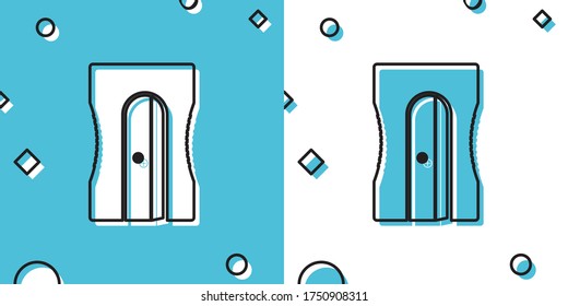 Icono de agudeador de lápiz negro aislado en fondo azul y blanco. Formas dinámicas aleatorias. Ilustración vectorial