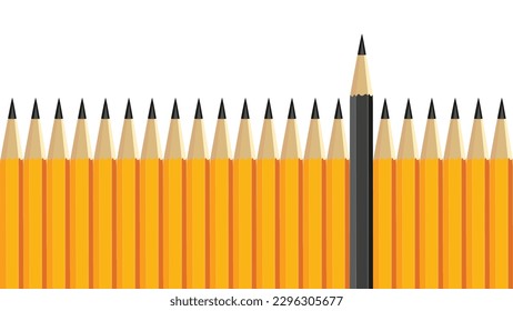 black pencil standing out from crowd of plenty identical yellow fellows on white background. Leadership, uniqueness, independence, initiative, strategy, think different, business success concept