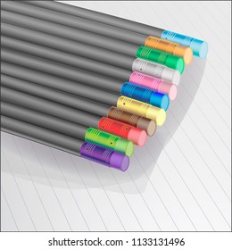Black pencils with colored erasers on notebook in line, vector illustration