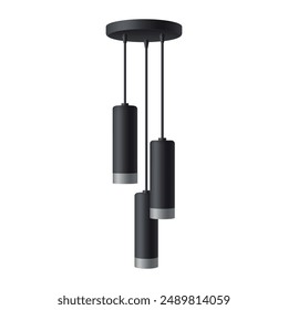 A black pendant light fixture with three cylindrical shades hangs from the ceiling.