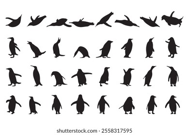 Black penguin silhouette on white background, penguin silhouette in different poses walking and skating,vector