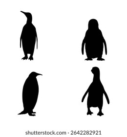 Black Penguin Silhouette Set Walking and Skating Penguin Vector Illustrations on White Background
