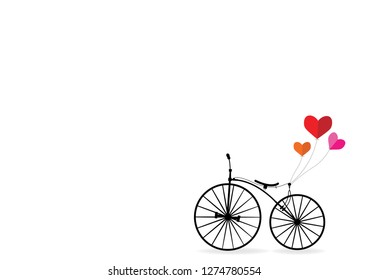 Black Penny Farthing bicycle with heart balloons isolated on white background for Valentine's day decoration, vector illustration