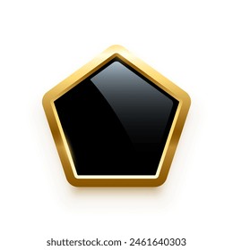 Black pentagon button with golden frame vector illustration. 3d glossy elegant design for empty label, emblem, medal or badge, shiny and gradient light effect on plate isolated on white background.