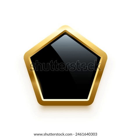 Black pentagon button with golden frame vector illustration. 3d glossy elegant design for empty label, emblem, medal or badge, shiny and gradient light effect on plate isolated on white background.