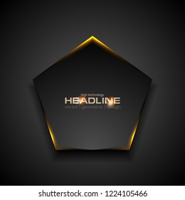Black pentagon with fiery orange light abstract background. Vector corporate design
