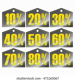 black pentagon shape discount tag 10%, 20%, 350%, 40%, 50%, 60%, 70%, 80%, 90%