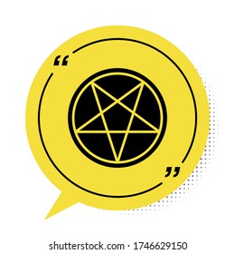 Schwarzes Pentagramm in einem Kreis Symbol isoliert auf weißem Hintergrund. Magisches okkultes Sternensymbol. Symbol für gelbe Sprachblase. Vector Illustration