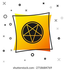 Schwarzes Pentagramm auf Kreissymbol einzeln auf weißem Hintergrund. Magisches okkultes Sternsymbol. Gelber quadratischer Knopf. Vektorgrafik