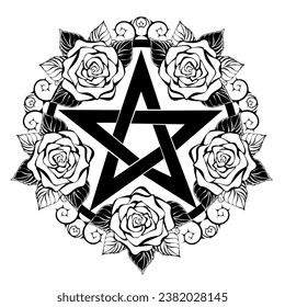 Black pentagram with contour, artistically drawn roses with leaves and thorny stem on white background. Wiccan symbol. Hand drawn vector art