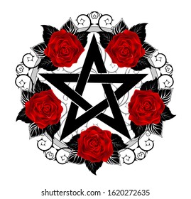 Black Pentagram With Pattern, Decorated With Blooming, Red Roses With Leaves On White Background. Tattoo Style.