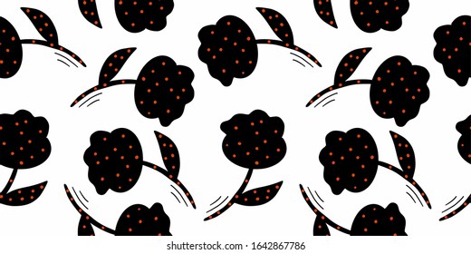 Black peonies with dots, abstract geometric seamless pattern on a white background, vector. For printing on textiles, clothing, booklets.