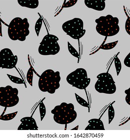 Black peonies with dots, abstract geometric seamless pattern on gray background, vector. For printing on textiles, clothing, booklets. wallpapers for social media