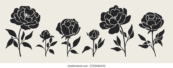 Black peony silhouettes set, hand drawn floral elements collection, botanical flower stencils for logo and wedding design