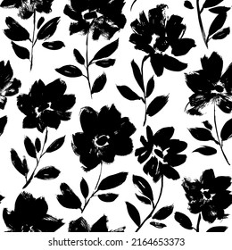 Black peony vector seamless pattern. Hand drawn silhouettes of spring chrysanthemum flowers. Dry brush style floral motives. Black paint illustration with branches and leaves. Monochrome print