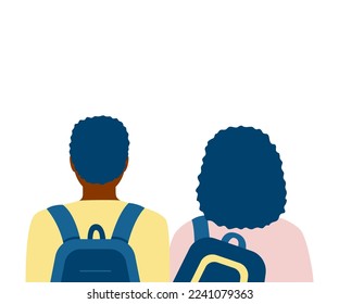 Black people African students with school bags, couple back view. Young friends with backpack, learner, adolescent. Choice future way. Vector illustration