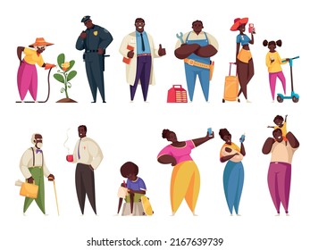 Black people cartoon set of children men and women of different age and professions isolated vector illustration