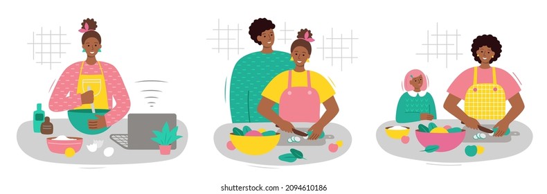 Black people cook in the kitchen. African American woman, man, child prepare healthy food. Set of Vector Flat Illustration. Isolated on a white background.