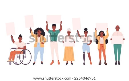 Black people of different age holding clean empty banners and placards. Activism, social movement. Democracy, rally and protest. People with physical disability. Vector illustration in flat style