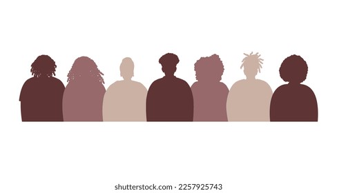 Gruppe der Schwarzen. Braune Silhouetten von schwarzen Männern und schwarzen Frauen. Mehr Zusammenspiel. Solidarität verschiedener Männer und Frauen. Unterschiedliche menschliche Silhouetten. Vektorgrafik