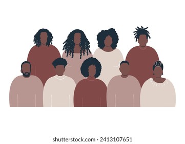 Black people group. Black history month concept. Solidarity of different black men and black women. Vector illustration