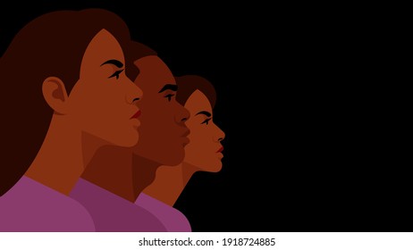 Black People - Group Of People From Latin America, Brazil, United Stated, Europe. Modern People Faces And Shoulders. Flat Style Vector With Copy Space. 