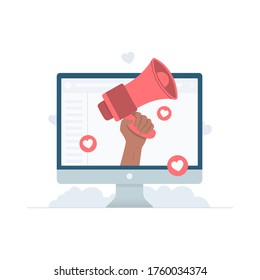 Black people hand hold megaphone to spread love in internet flat vector illustration, black matter live concept vector, Black people doing referral program in website concept flat vector