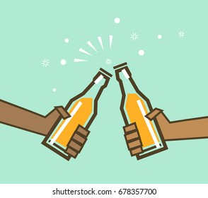 Black people hold bottles of beer and clink glasses, flat design, beer day