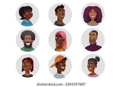 Black people icons in the flat cartoon design. Images of avatars of dark-skinned people in the gray background. Vector illustration.